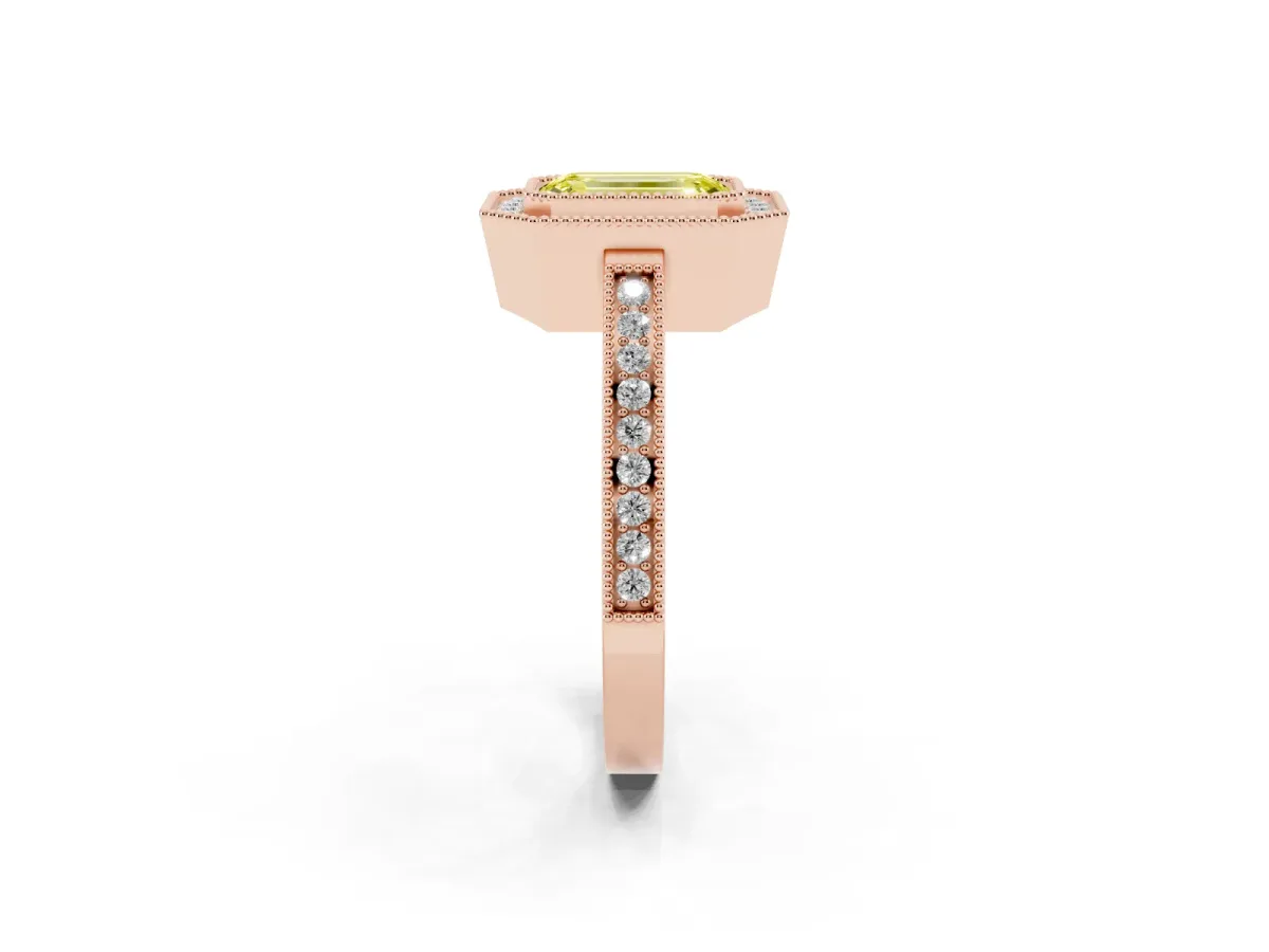 Fancy Yellow Emerald Cut Cut Halo Diamond Ring with Pavé Band and Milgrain Prong Setting Rose gold
