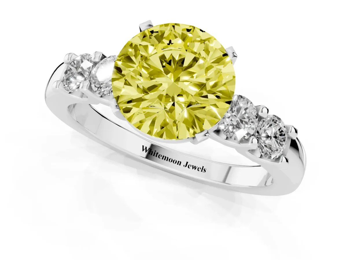 Fancy Yellow Round Cut Brilliant Cut Diamond Five-Stone Prong Set Engagement Ring with Channel Band Silver