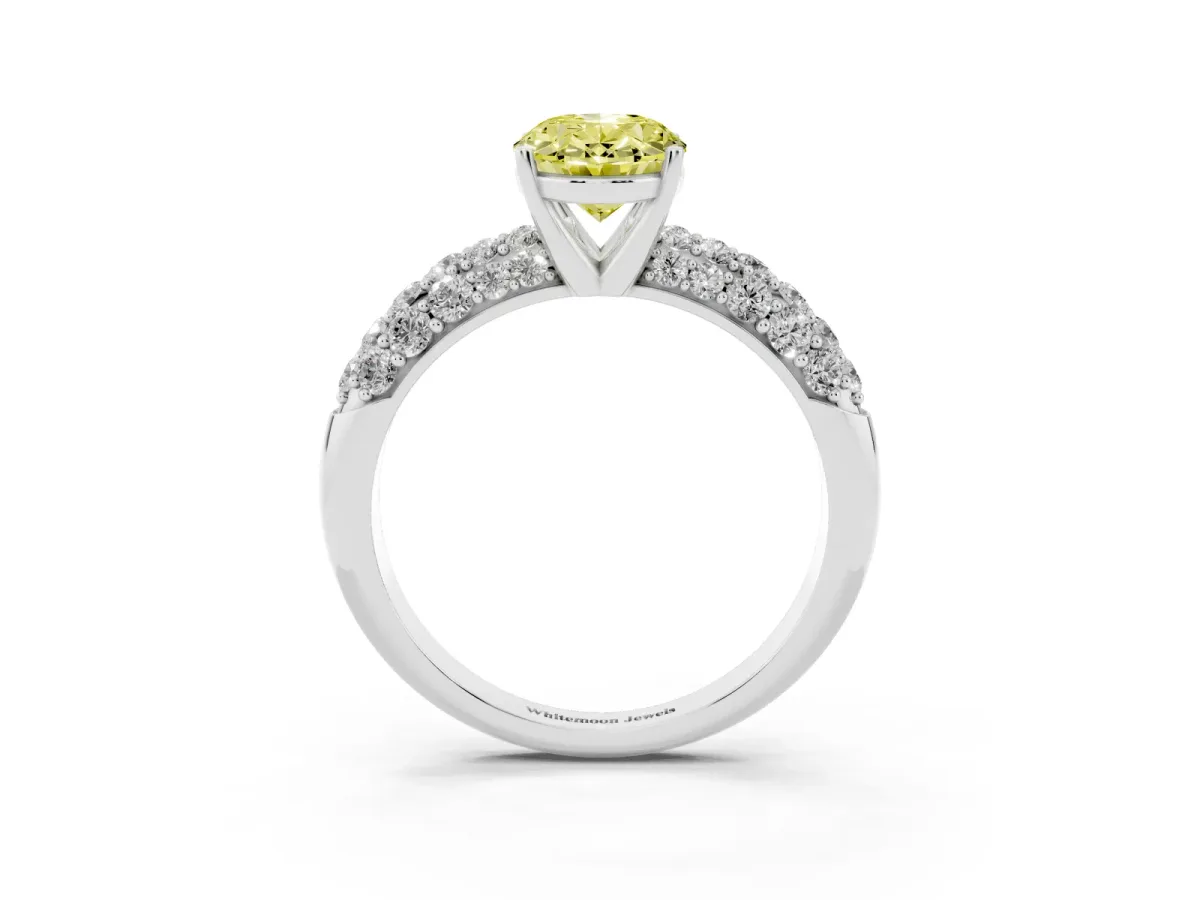 Fancy Yellow Oval Cut Diamond Pavé Band Solitaire Ring with Four-Prong Setting Platinum
