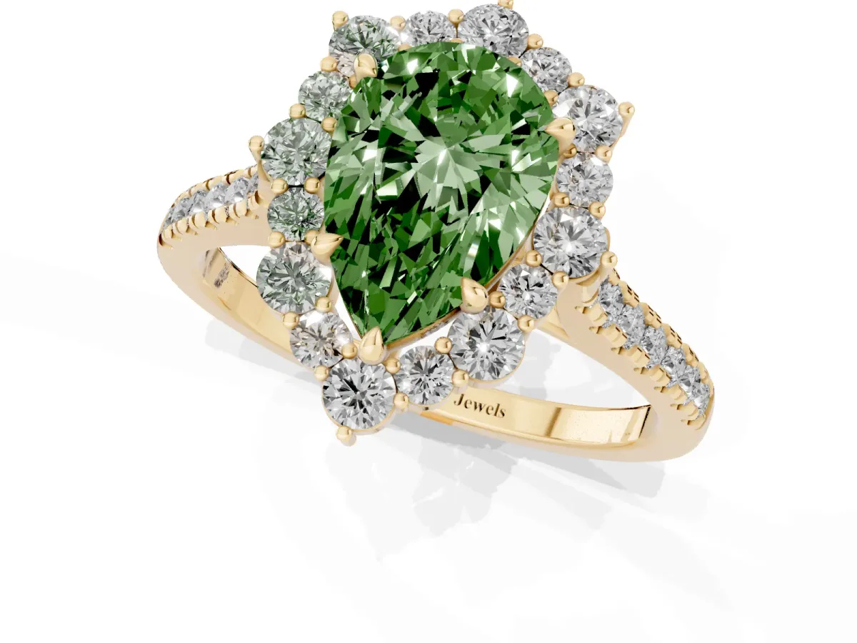Fancy Green Pear Cut Halo Diamond Ring with Pavé Band and Prong Setting Yellow gold