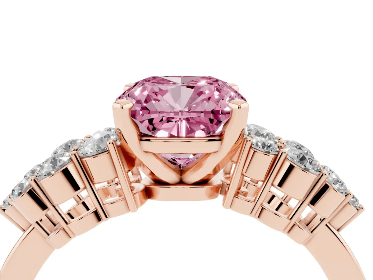 Fancy Pink Cushion Cut Cluster Diamond Engagement Ring with Pavé Band and Four-Prong Setting Rose gold