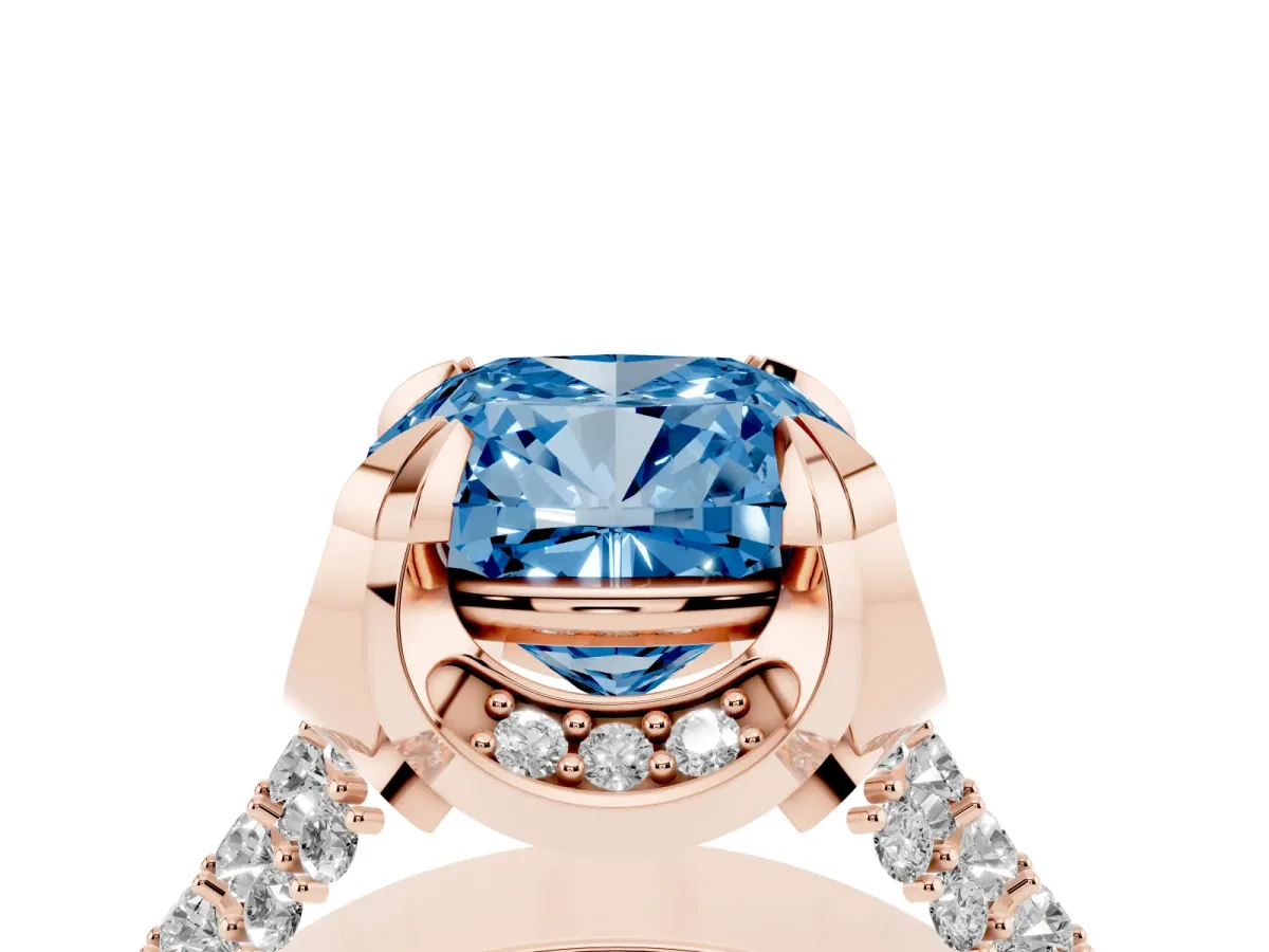 Fancy Blue Cushion Cut Solitaire Pave Split Shank Ring with Four-Prong Setting Rose gold