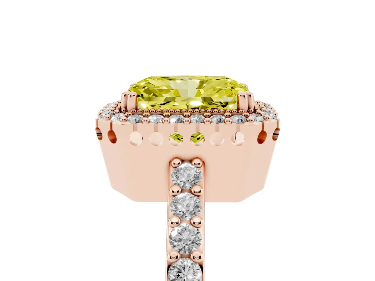 Fancy Yellow Radiant Cut Cut Diamond Halo Engagement Ring with Milgrain Detail and Pavé Band Rose gold