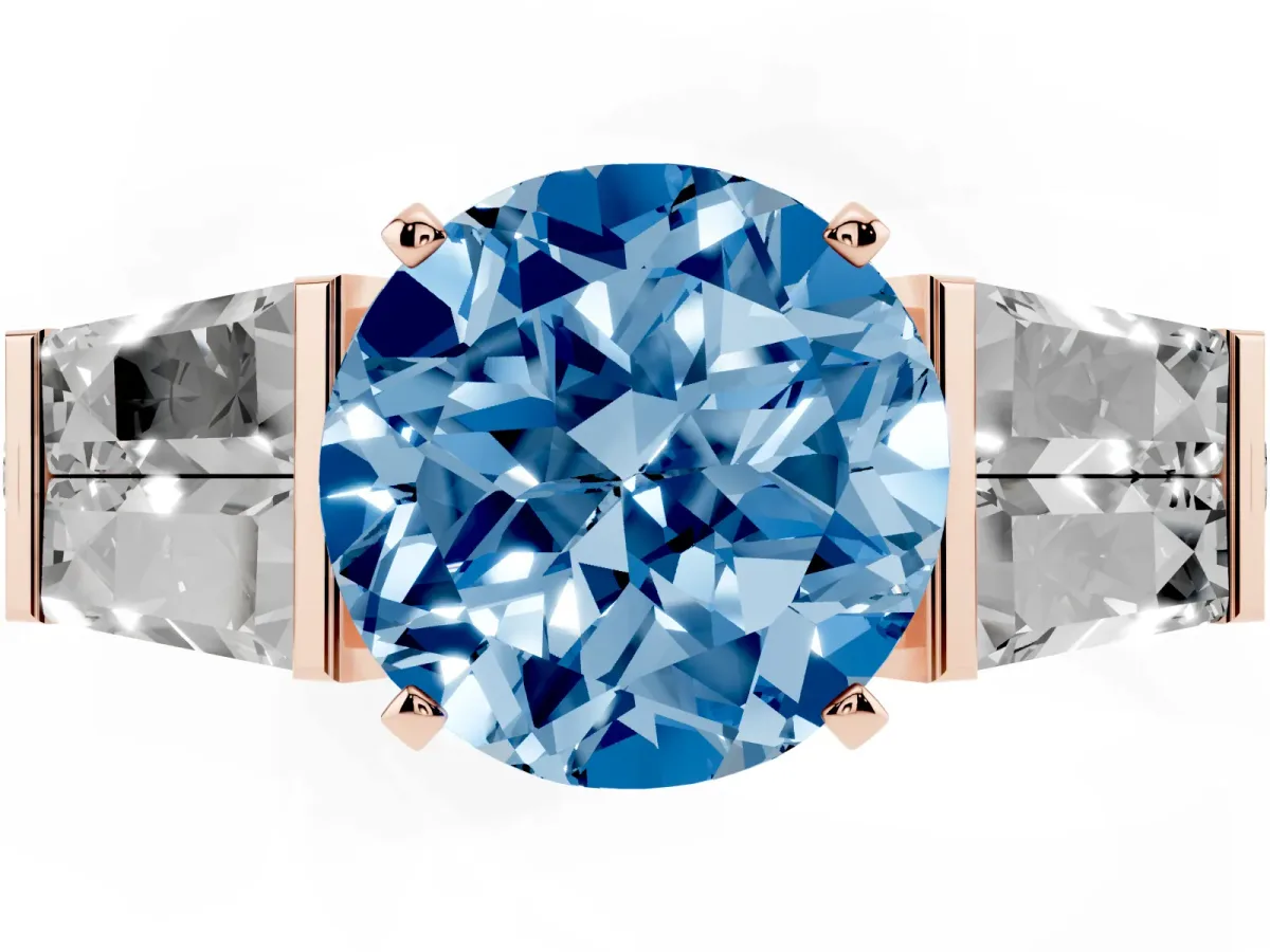Fancy Blue Round Cut Diamond Engagement Ring with Baguette Side Stones and Channel Set Band Rose gold