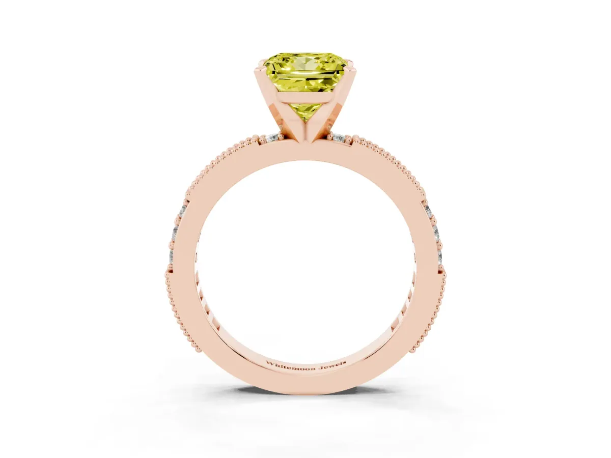 Fancy Yellow Princess Cut Solitaire with Pavé Band and Four-Prong Setting Rose gold