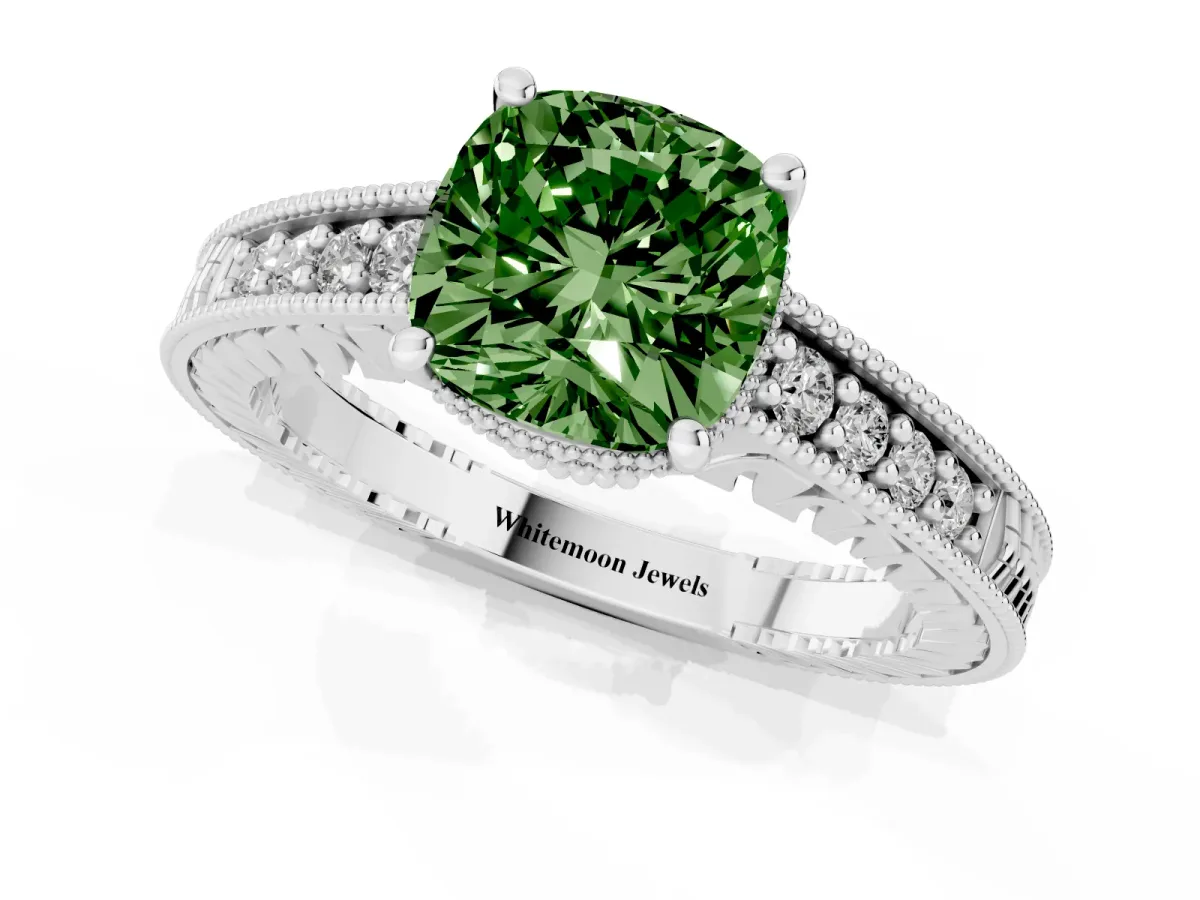 Fancy Green Cushion Cut Solitaire Pavé Diamond Milgrain Engagement Ring with Four-Prong Setting Silver