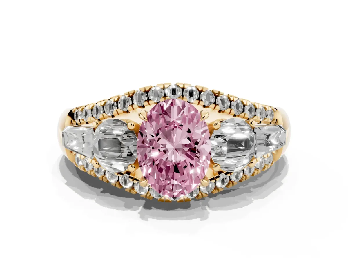 Fancy Pink Three-Stone Oval Cut Diamond Engagement Ring with Pave Band and Prong Setting Yellow gold