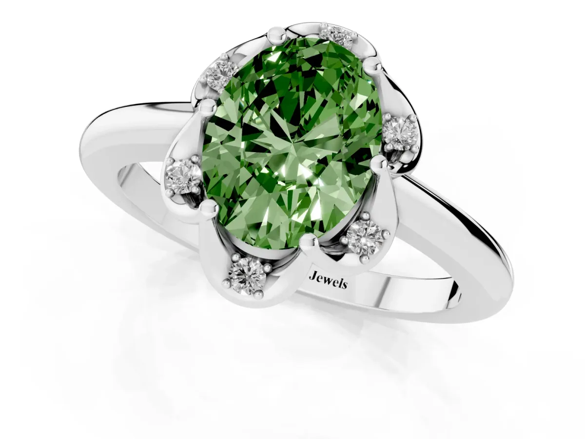 Fancy Green Oval Cut Halo Diamond Ring with Round Cluster Setting, Solitaire Band, and Four-Prong Setting White gold