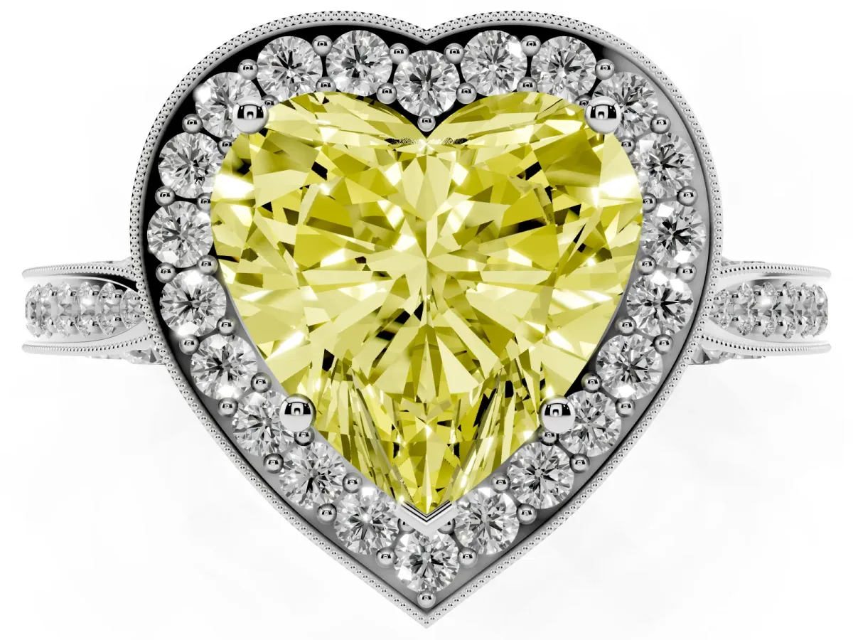 Fancy Yellow Heart Cut Halo Diamond Engagement Ring with Split Shank Band and Four-Prong Setting Silver