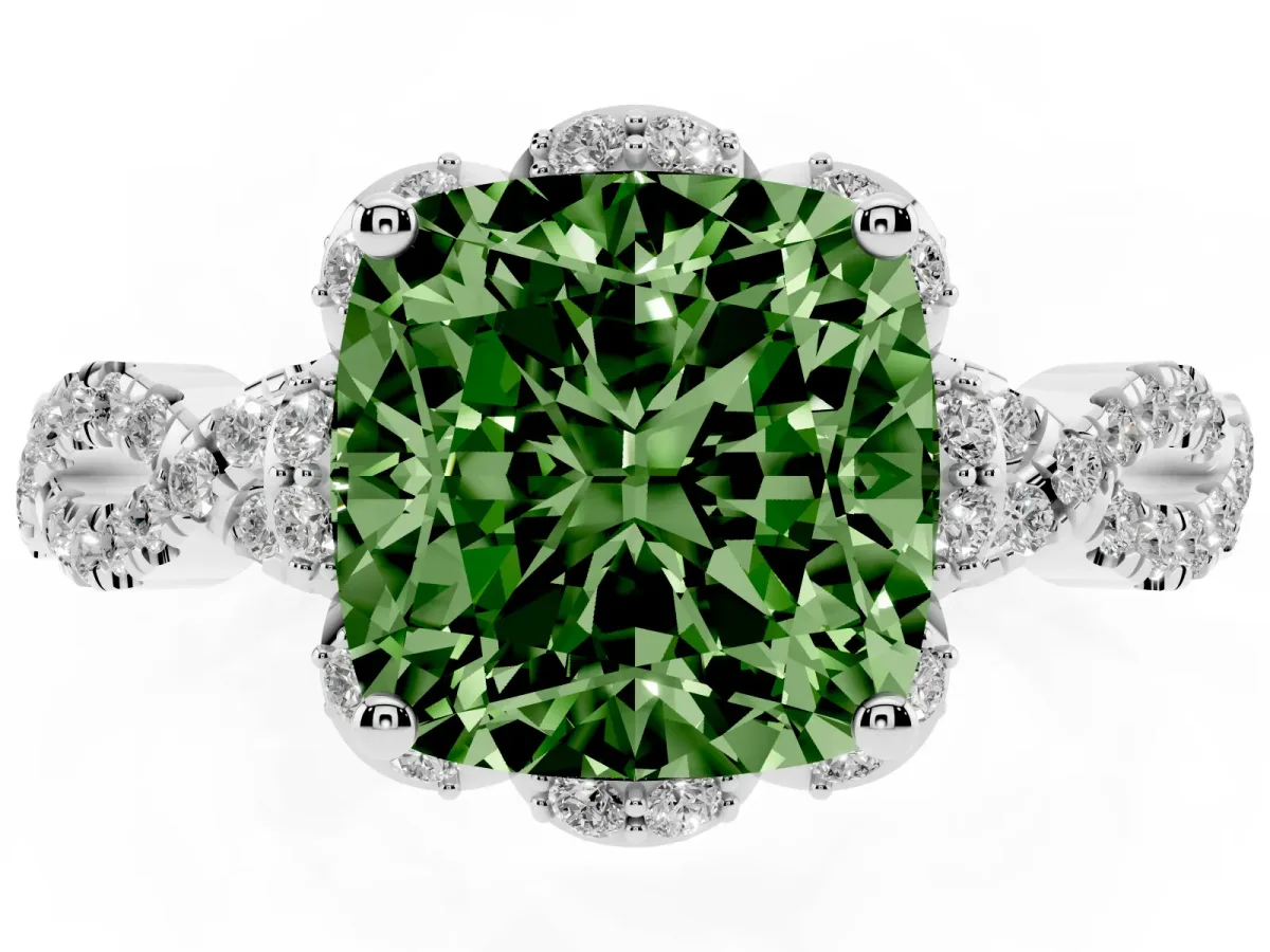 Fancy Green Cushion Cut Halo Twist Band Solitaire Ring with Six-Prong Setting Silver