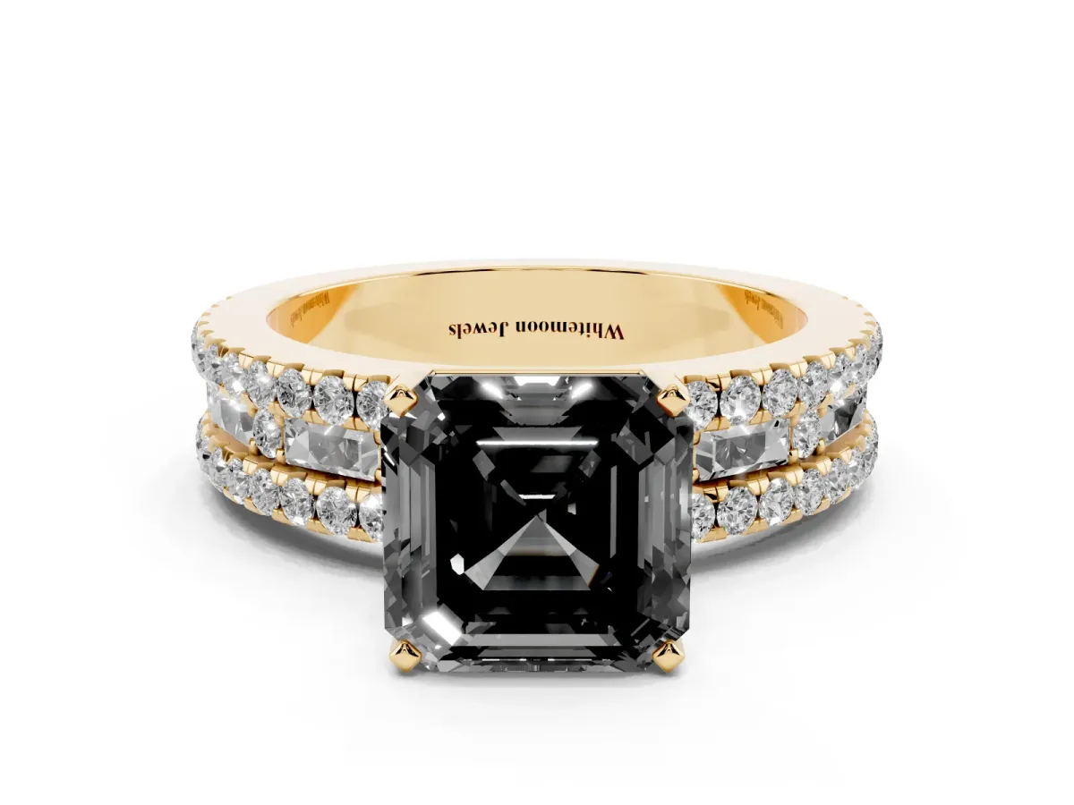 Fancy Black Asscher Cut Diamond Solitaire Ring with Pavé and Channel Set Band Yellow gold