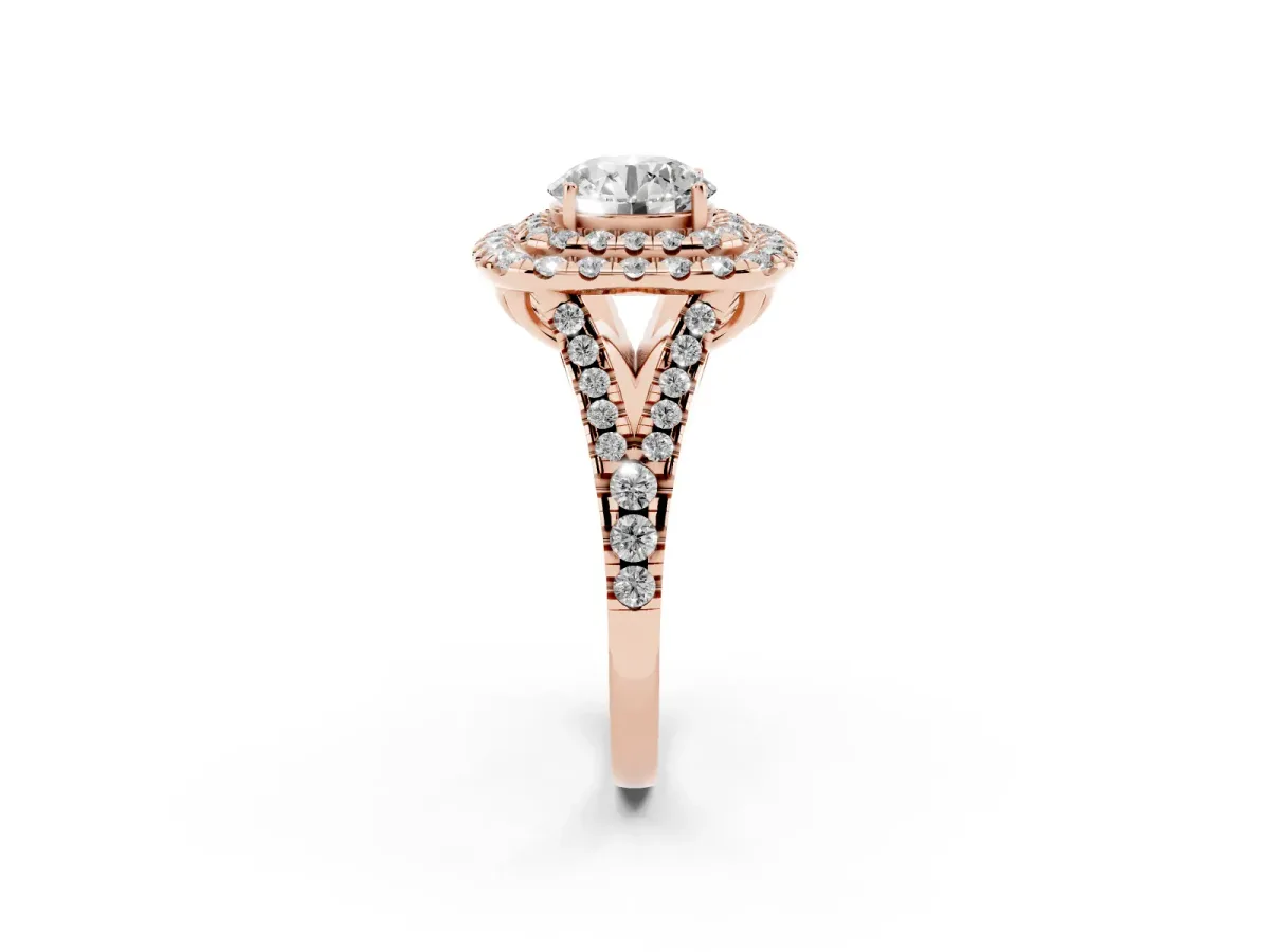 Double Halo Round Cut Diamond Pavé Split Shank Ring with Prong Setting Rose gold
