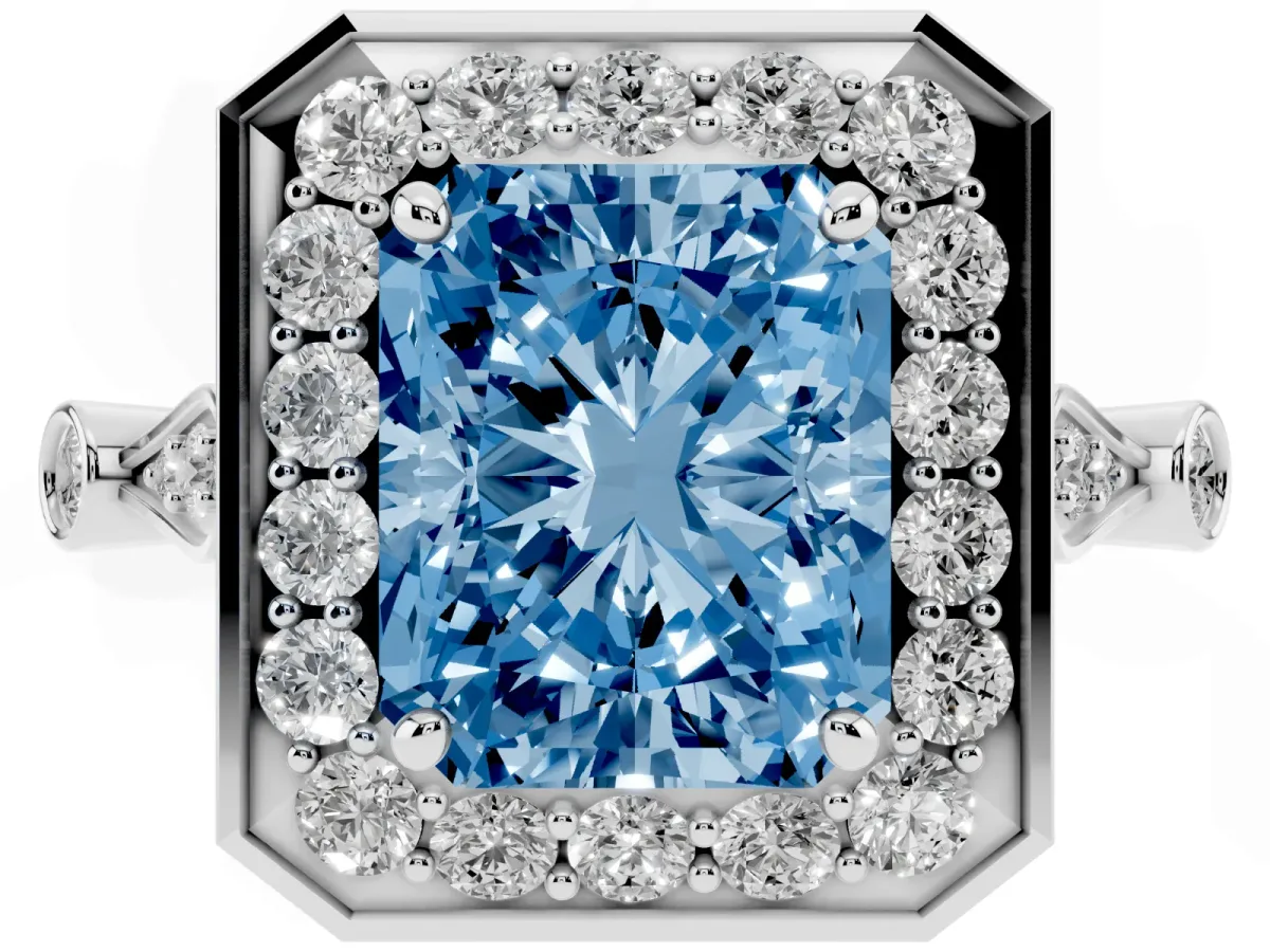 Fancy Blue Radiant Cut Halo Diamond Engagement Ring with Twisted Band and Four-Prong Setting White gold