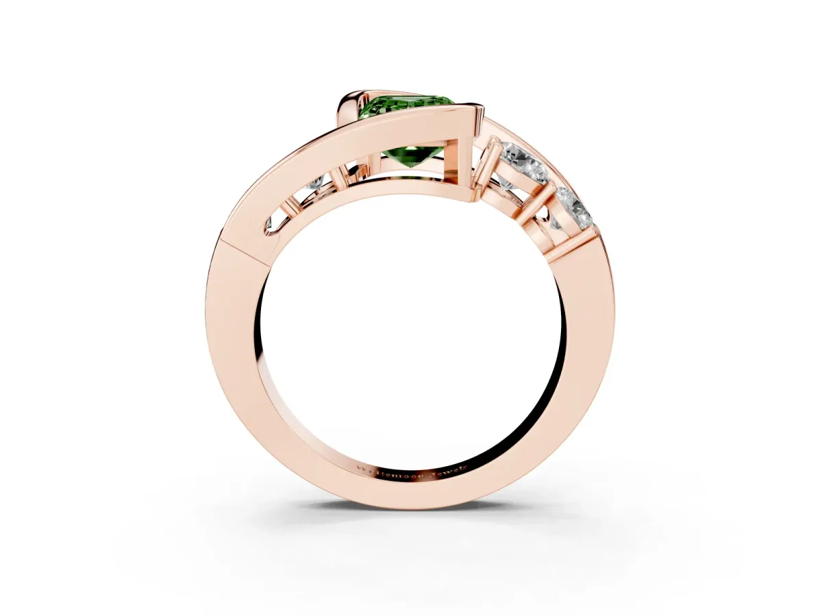 Fancy Green Bezel Set Emerald Cut Diamond Bypass Ring with Round Accents Rose gold