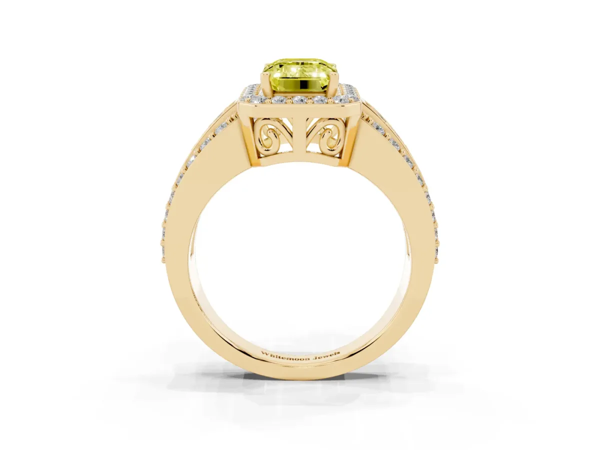 Fancy Yellow Emerald Cut Halo Diamond Ring with Round Split Shank and Prong Setting Yellow gold