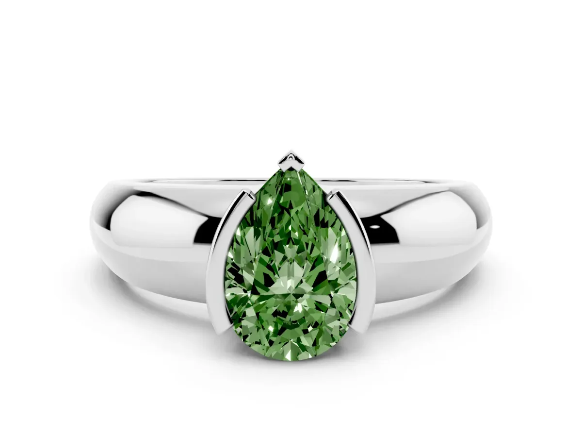 Fancy Green Pear Cut Solitaire Tension Set Diamond Ring with Wide Band Silver