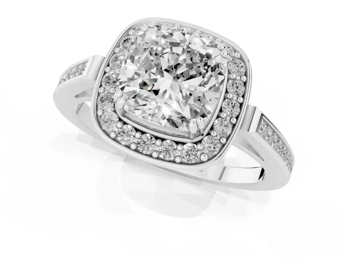 Cushion Cut Diamond Halo Ring with Split Shank and Four-Prong Setting Platinum