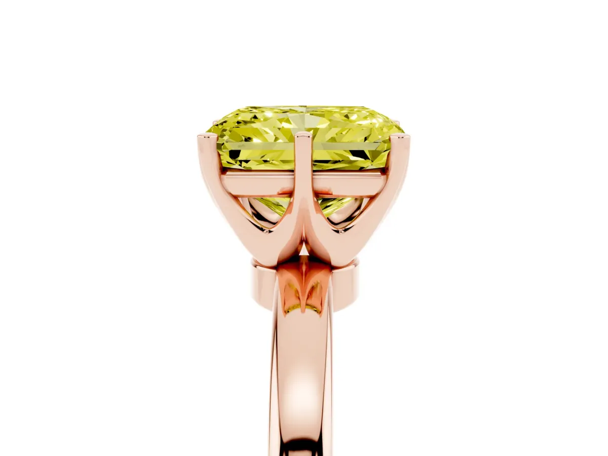 Fancy Yellow Radiant Cut Solitaire Diamond Ring with Six-Prong Setting on a Classic Band Rose gold