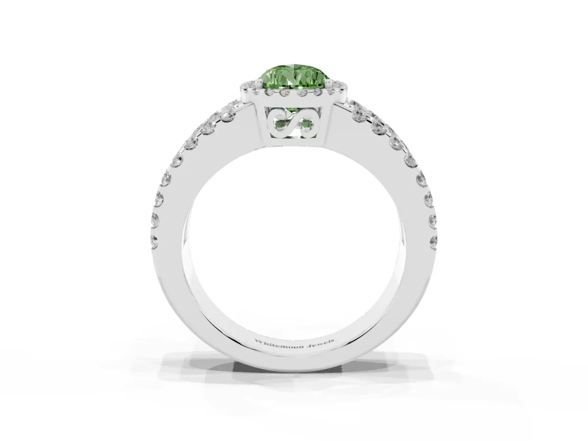 Fancy Green Pear Cut Cut Halo Split Shank Diamond Ring with Four-Prong Setting White gold