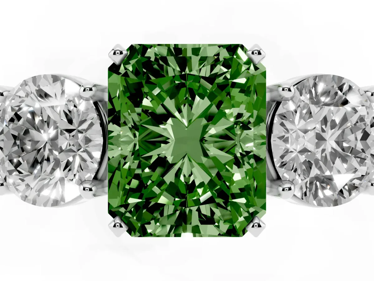 Fancy Green Three-Stone Radiant Cut Diamond Ring with Round Side Stones, Classic Band, and Four-Prong Setting White gold