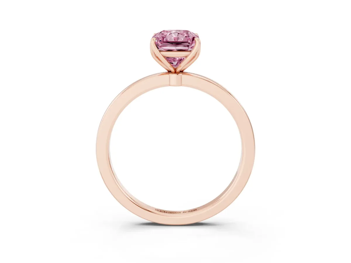 Fancy Pink Radiant Cut Diamond Solitaire Ring with Thin Band and Prong Setting Rose gold