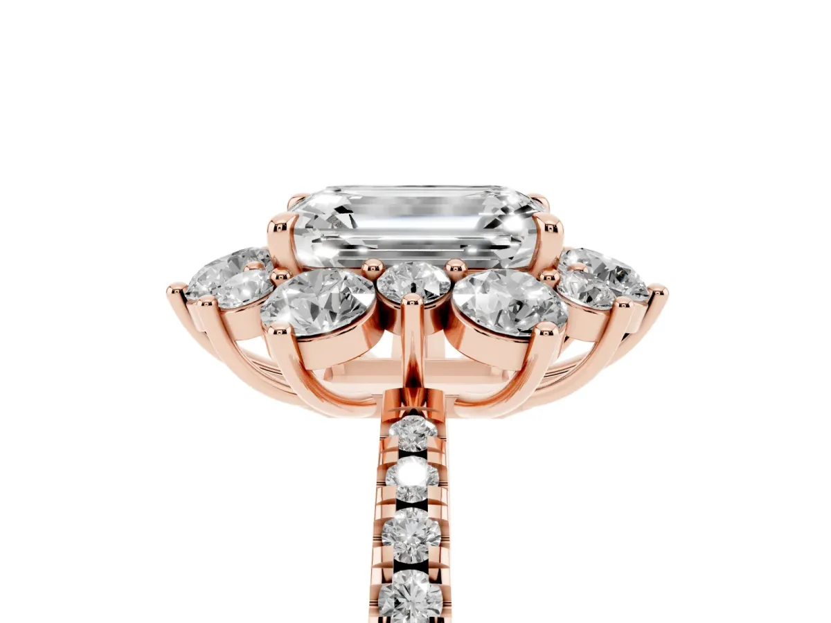 Emerald Cut Diamond Floral Halo Ring with Round Pavé Band and Prong Setting Rose gold