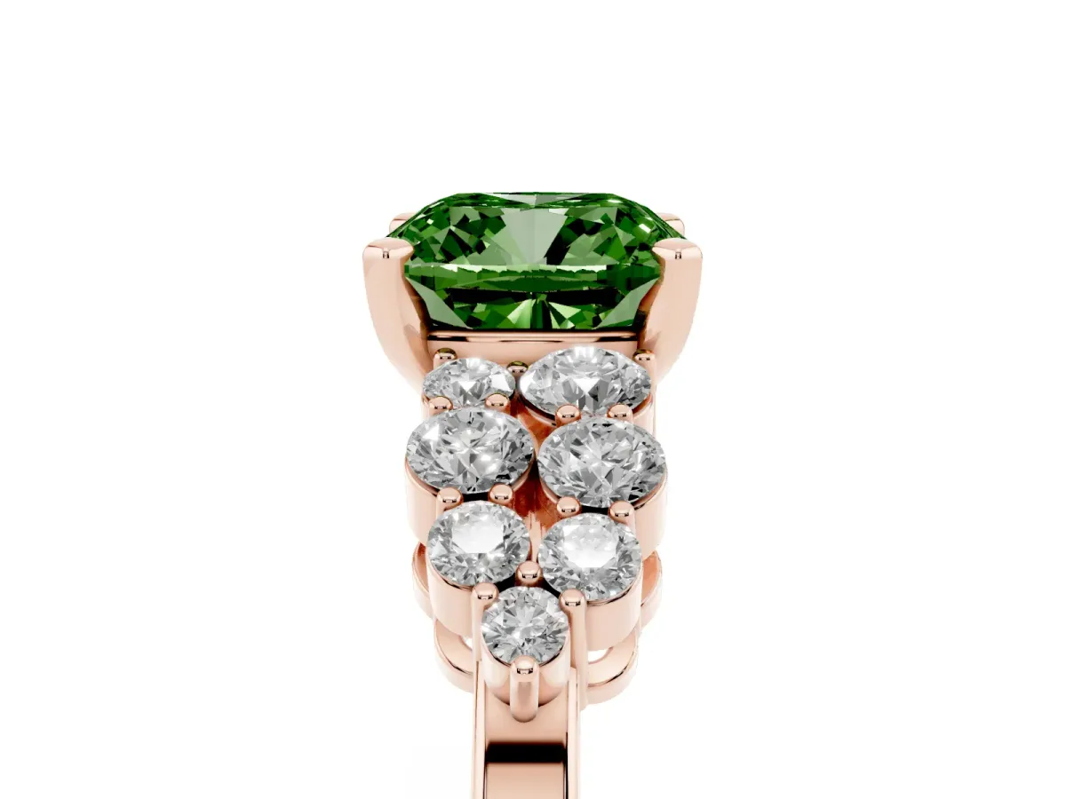 Fancy Green Cushion Cut Cluster Diamond Engagement Ring with Pavé Band and Four-Prong Setting Rose gold