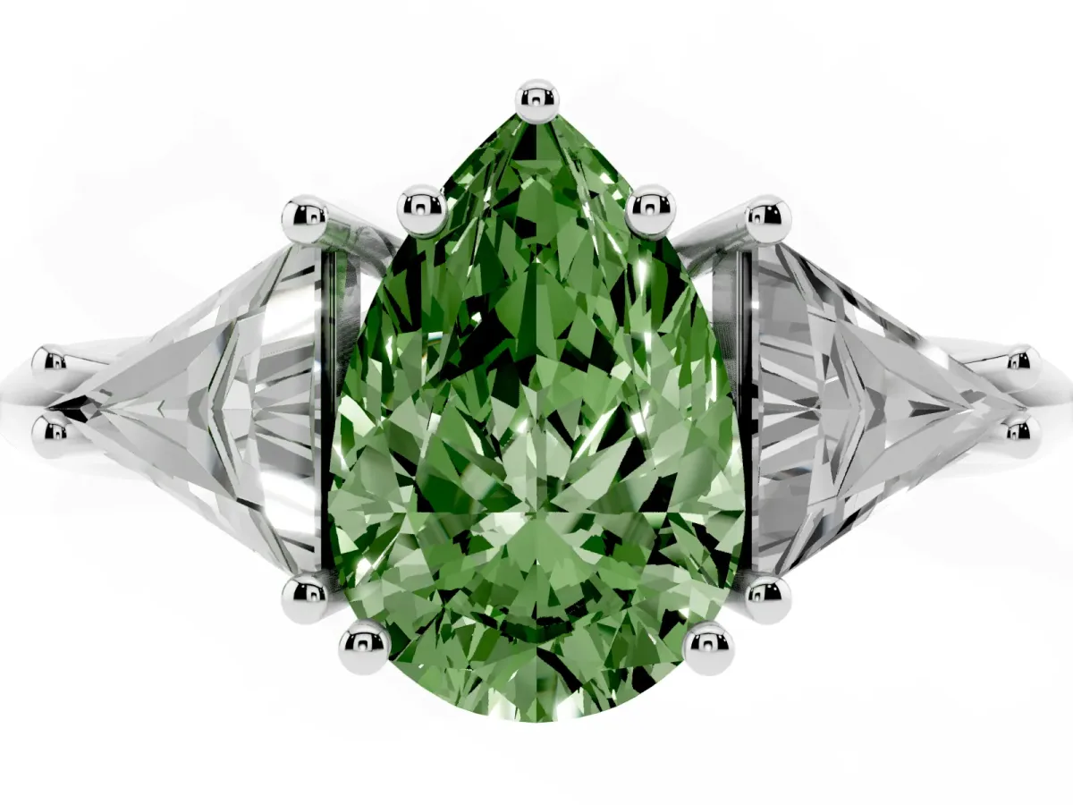 Fancy Green Three-Stone Pear Cut Diamond Engagement Ring with Trillion Side Stones and Prong Setting Silver