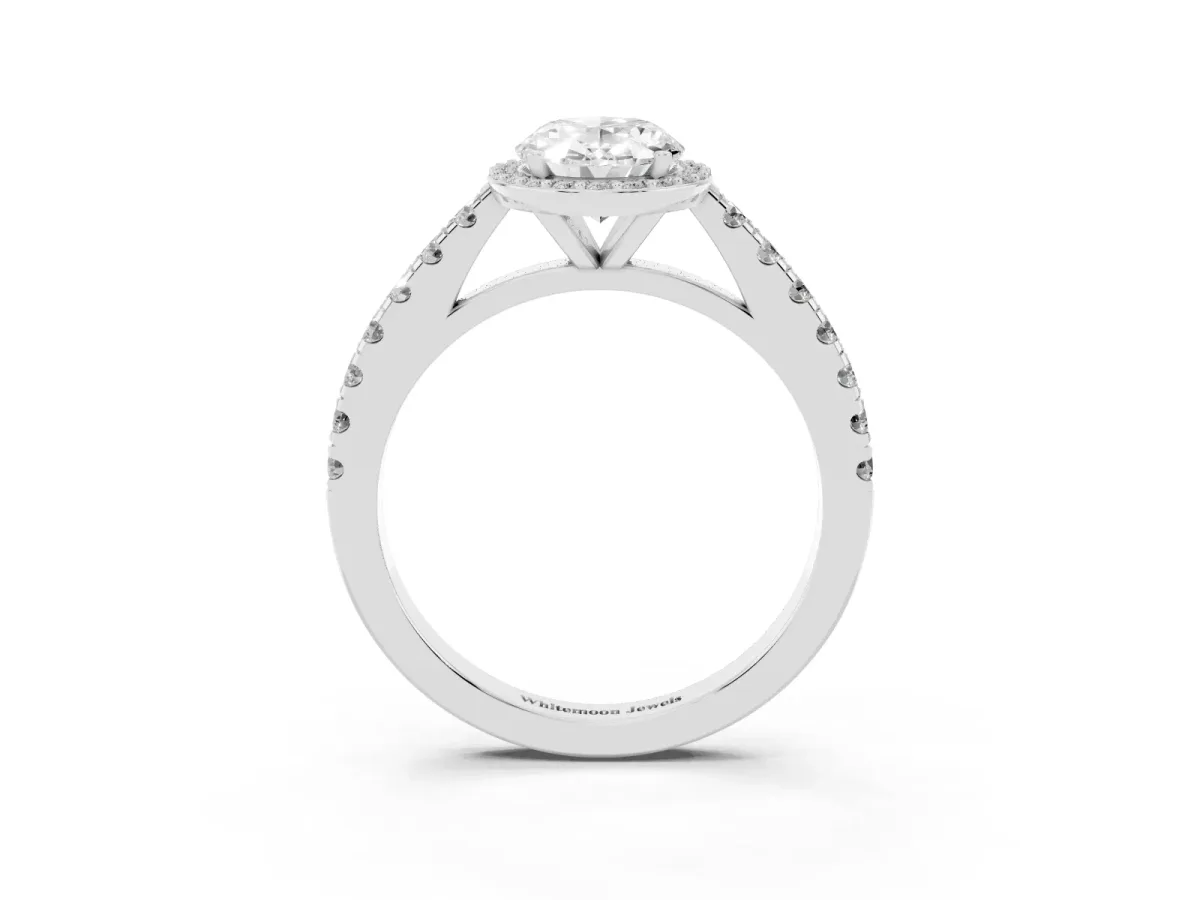 Oval Cut Cut Halo Diamond Engagement Ring with Pave Band and Four-Prong Setting Silver