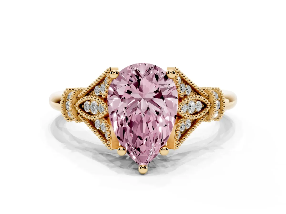 Fancy Pink Pear Cut Diamond Solitaire Ring with Floral Filigree and Pave Accents Yellow gold