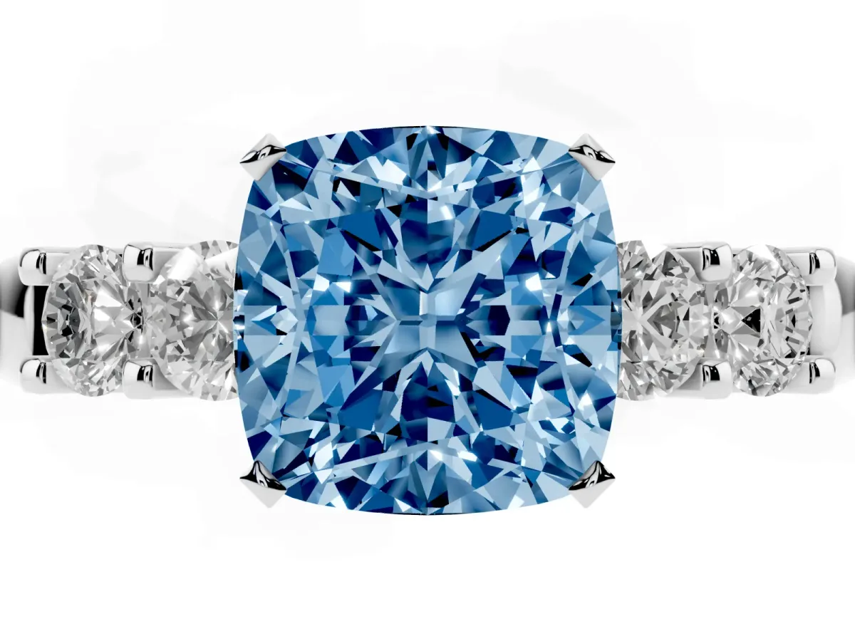 Fancy Blue Cushion Cut Brilliant Cut Diamond Five-Stone Prong Set Engagement Ring with Channel Band White gold