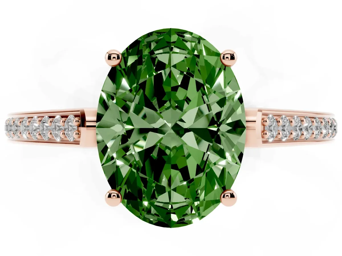 Fancy Green Oval Cut Cut Cathedral Pave Diamond Engagement Ring with Six-Prong Setting Rose gold