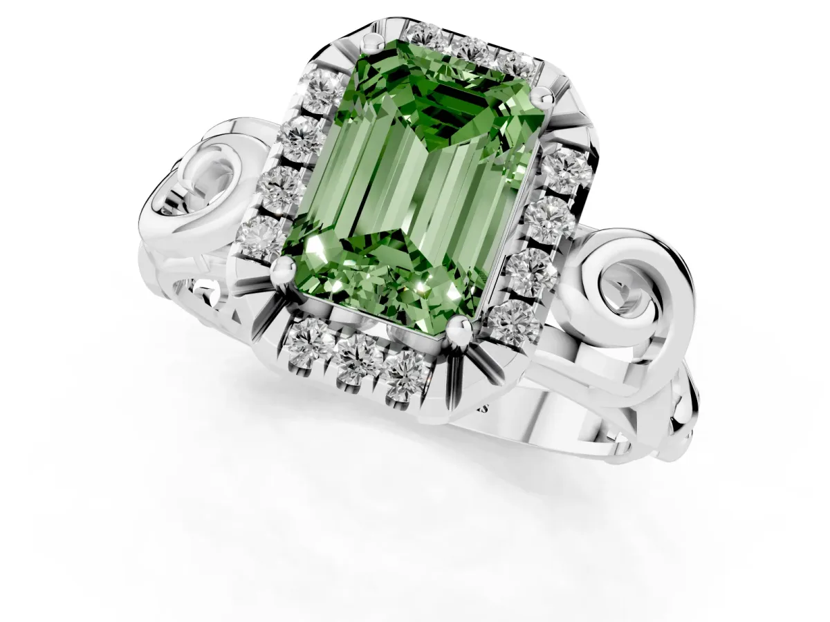 Fancy Green Emerald Cut Cut Halo Diamond Ring with Scrollwork Band and Four-Prong Setting Silver