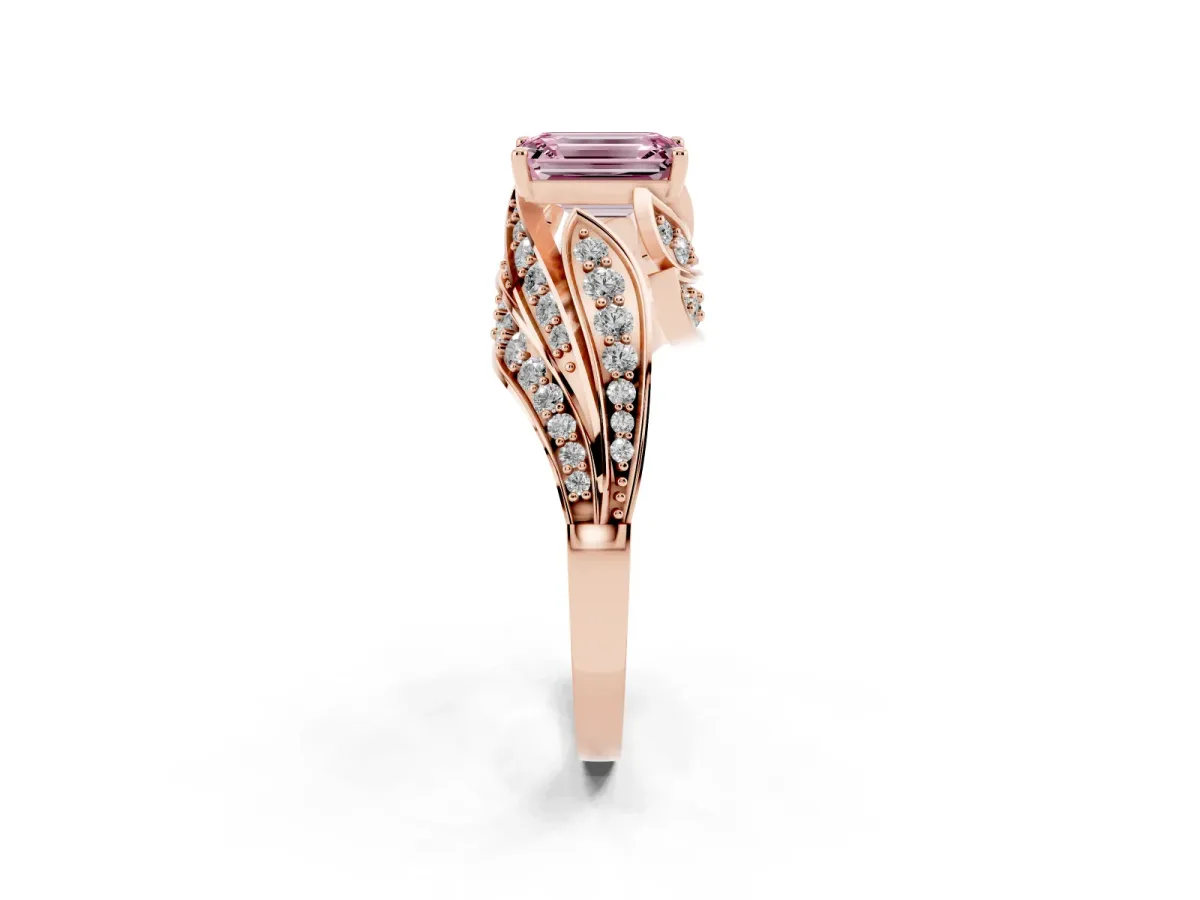 Fancy Pink Emerald Cut Diamond Solitaire Ring with Prong Setting and Twisted Pavé Band Rose gold