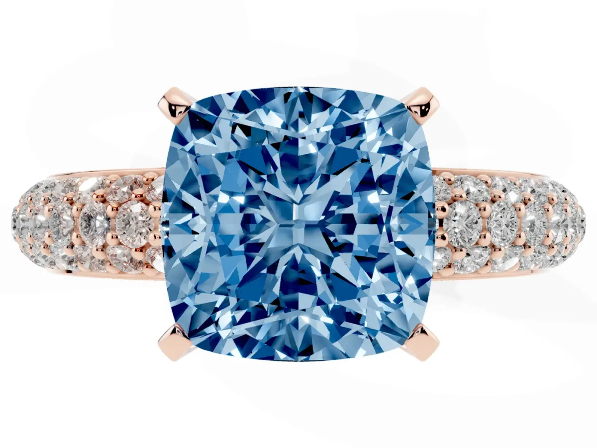 Fancy Blue Cushion Cut Diamond Solitaire Ring with Prong Setting and Pavé Band Rose gold