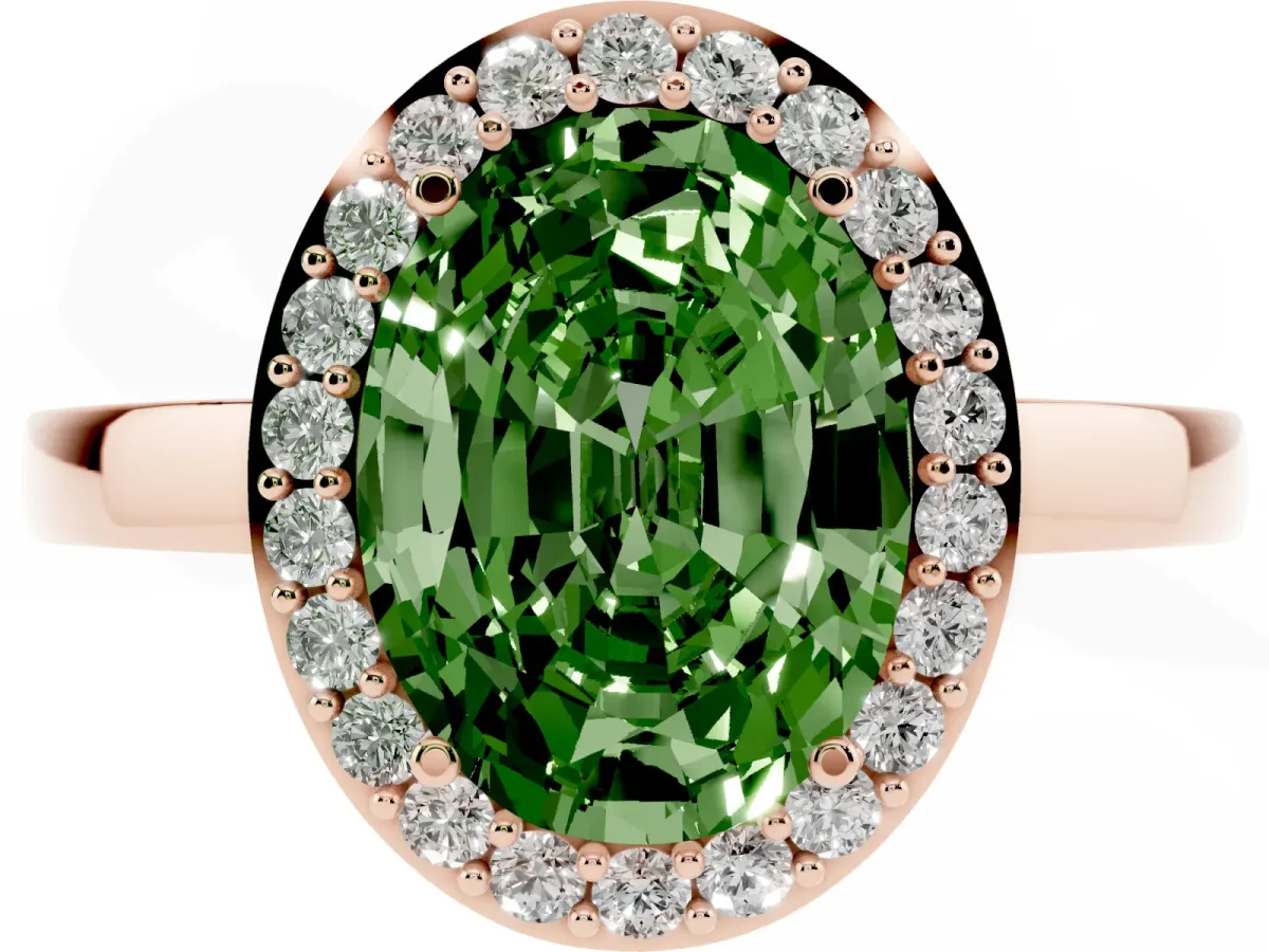 Fancy Green Oval Cut Halo Diamond Ring with Solitaire Band and Prong Setting Rose gold