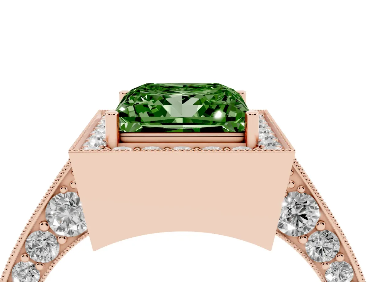 Fancy Green Princess Cut Halo Diamond Engagement Ring with Split Shank Band and Four-Prong Setting Rose gold