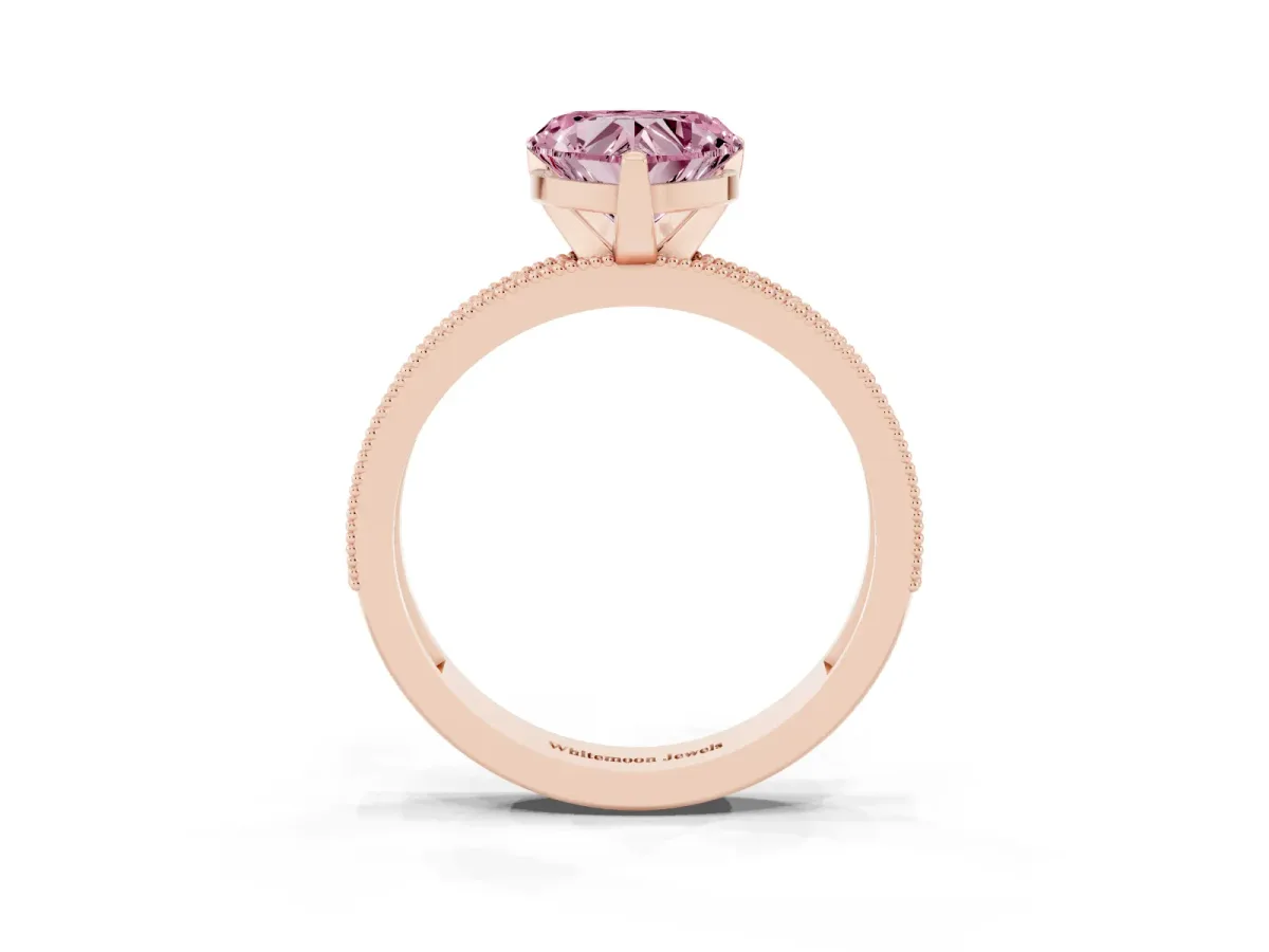 Fancy Pink Heart Cut Diamond Milgrain Pavé Engagement Ring with Four-Prong Setting Rose gold