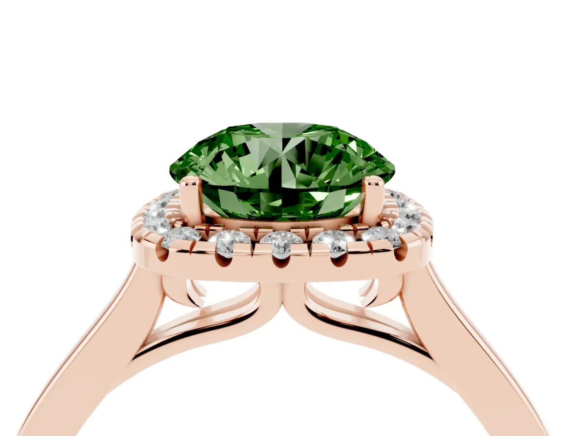 Fancy Green Round Cut Halo Round Diamond Solitaire Ring with Pavé Band and Four-Prong Setting Rose gold
