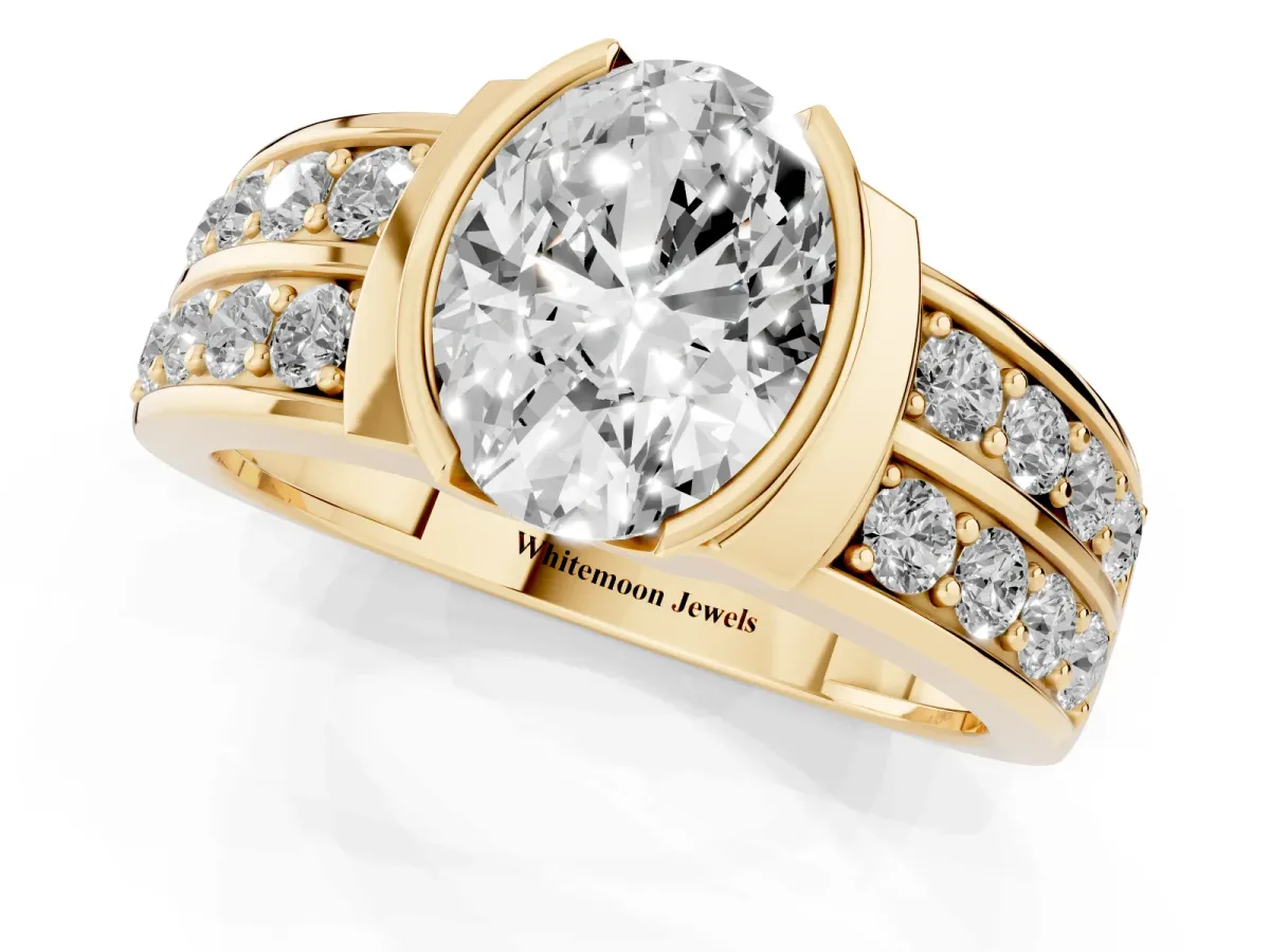 Oval Cut Brilliant Diamond Channel Set Wide Band Ring with Bezel Setting Yellow gold