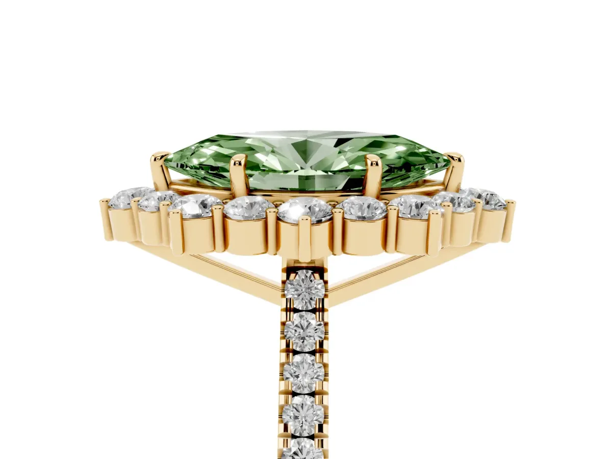 Fancy Green Marquise Cut Halo Diamond Ring with Pavé Band and Prong Setting Yellow gold