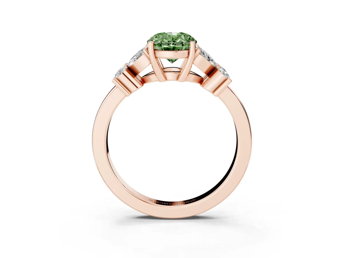 Fancy Green Oval Cut Diamond Floral Cluster Ring with Solitaire Band and Prong Setting Rose gold