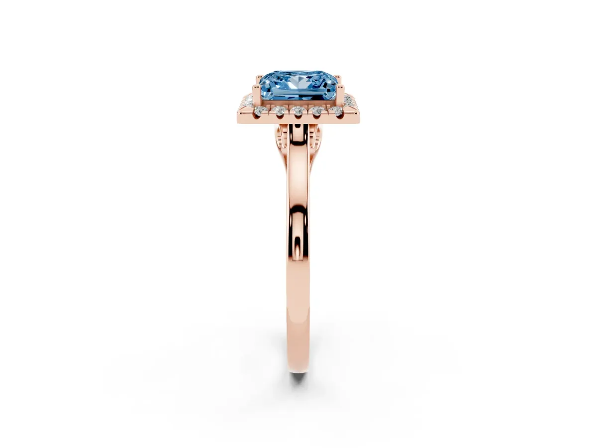 Fancy Blue Princess Cut Halo Round Diamond Solitaire Ring with Pavé Band and Four-Prong Setting Rose gold