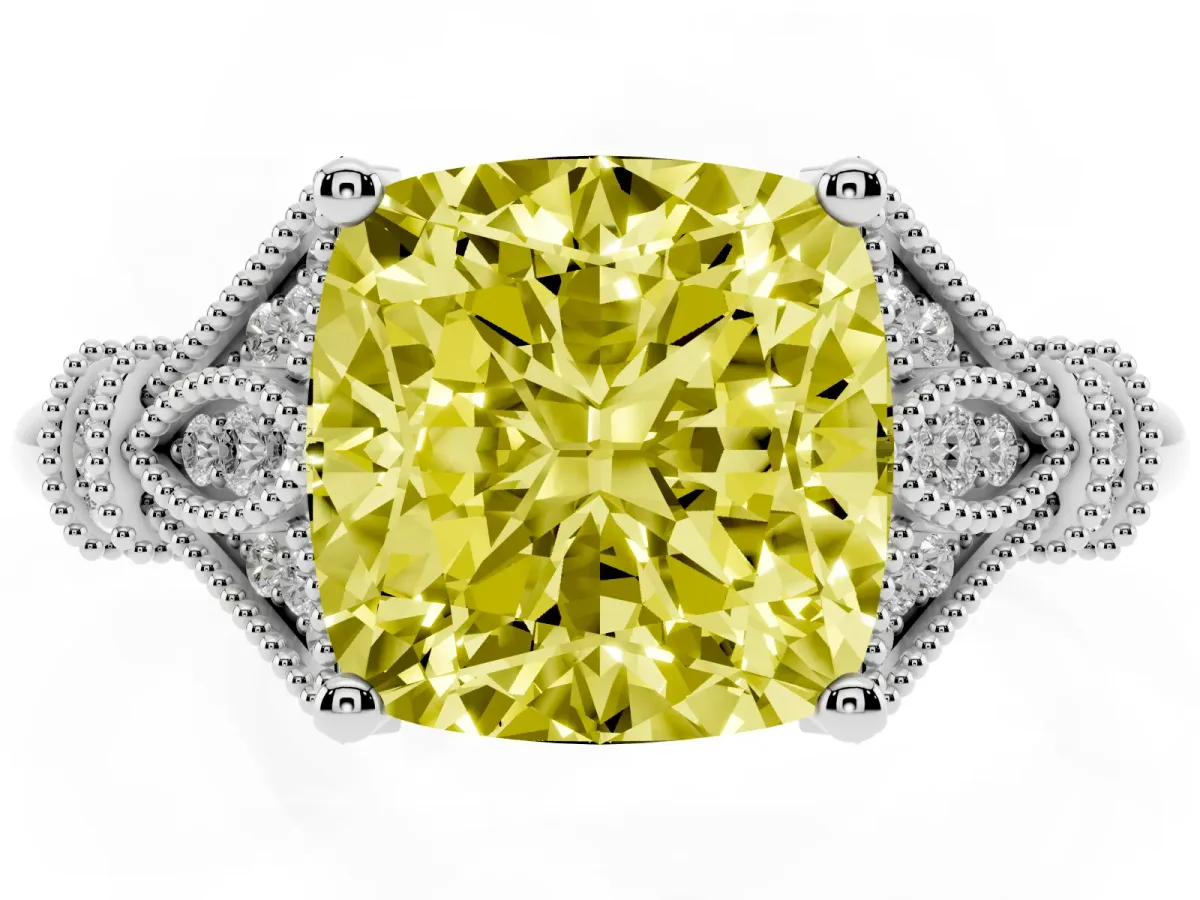 Fancy Yellow Cushion Cut Diamond Solitaire Ring with Floral Filigree and Pave Accents Platinum