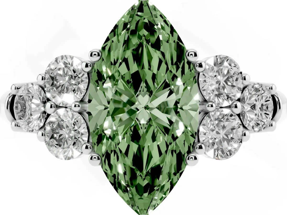 Fancy Green Marquise Cut Cut Diamond Cluster Ring with Round Accent Stones and Prong Setting on a Classic Band White gold