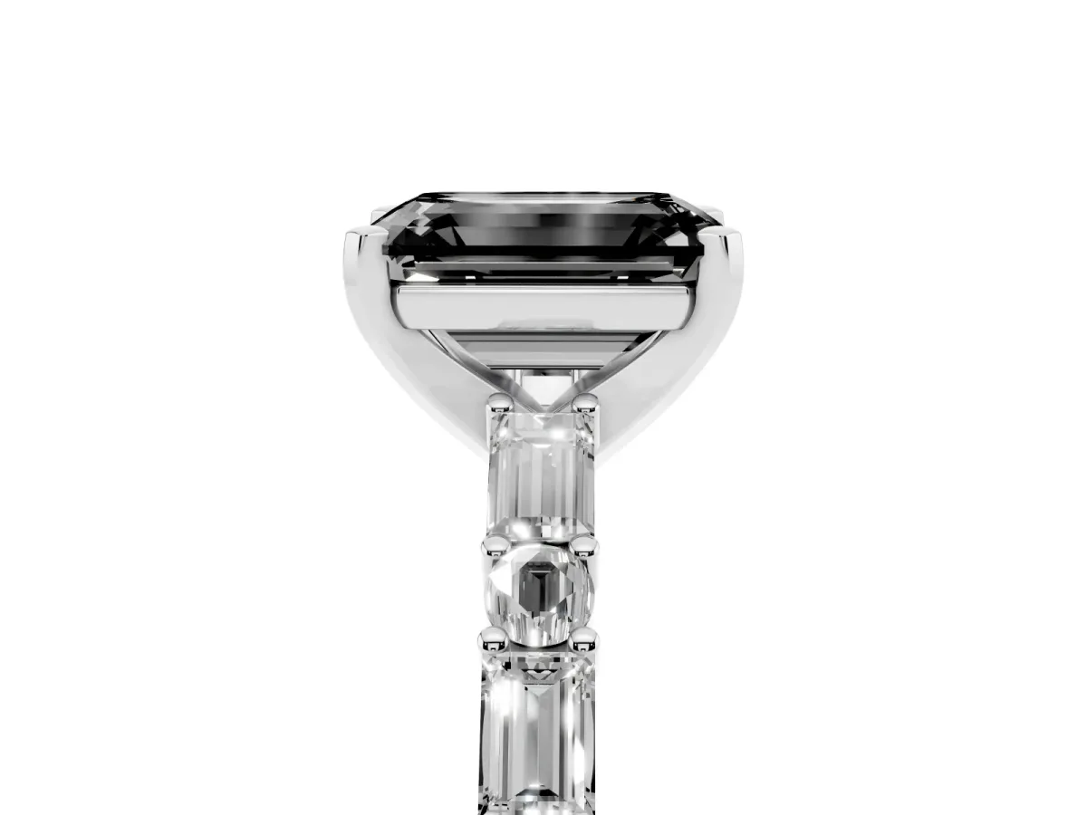 Fancy Black Emerald Cut Diamond Solitaire with Side Baguettes and Channel Set Band Silver