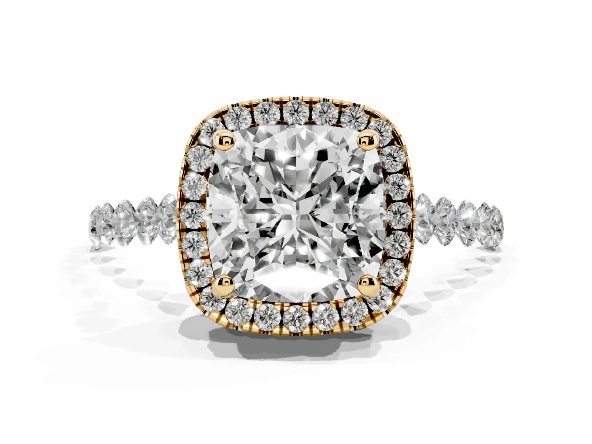 Cushion Cut Halo Pavé Diamond Engagement Ring with Four-Prong Setting Yellow gold