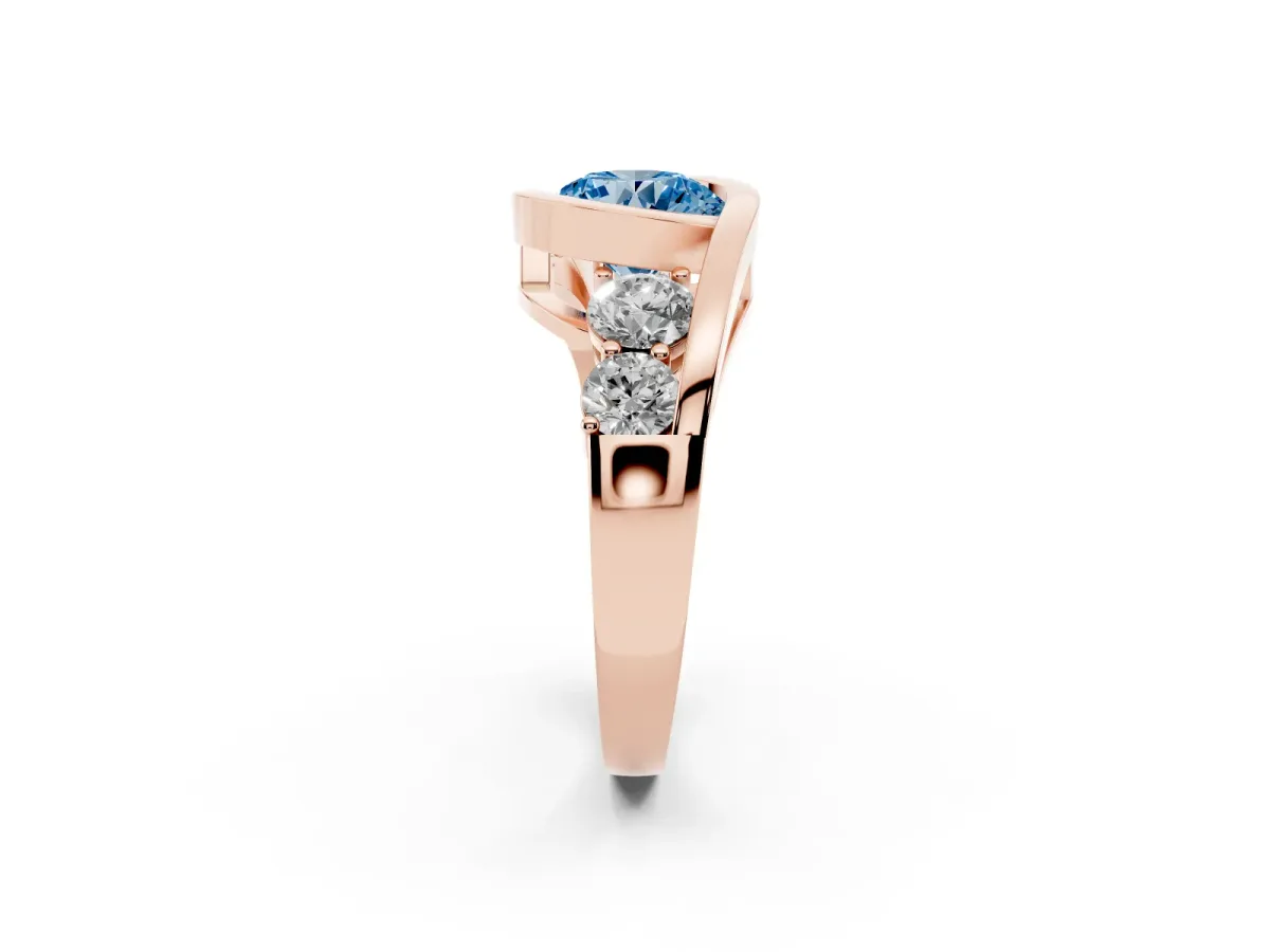 Fancy Blue Bezel Set Round Cut Diamond Bypass Ring with Round Accents Rose gold