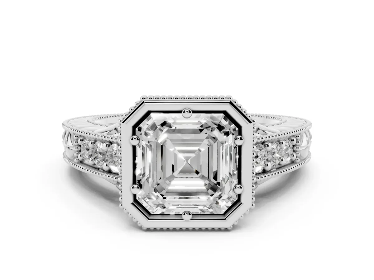 Bezel Set Asscher Cut Diamond Milgrain Pave Engagement Ring White gold