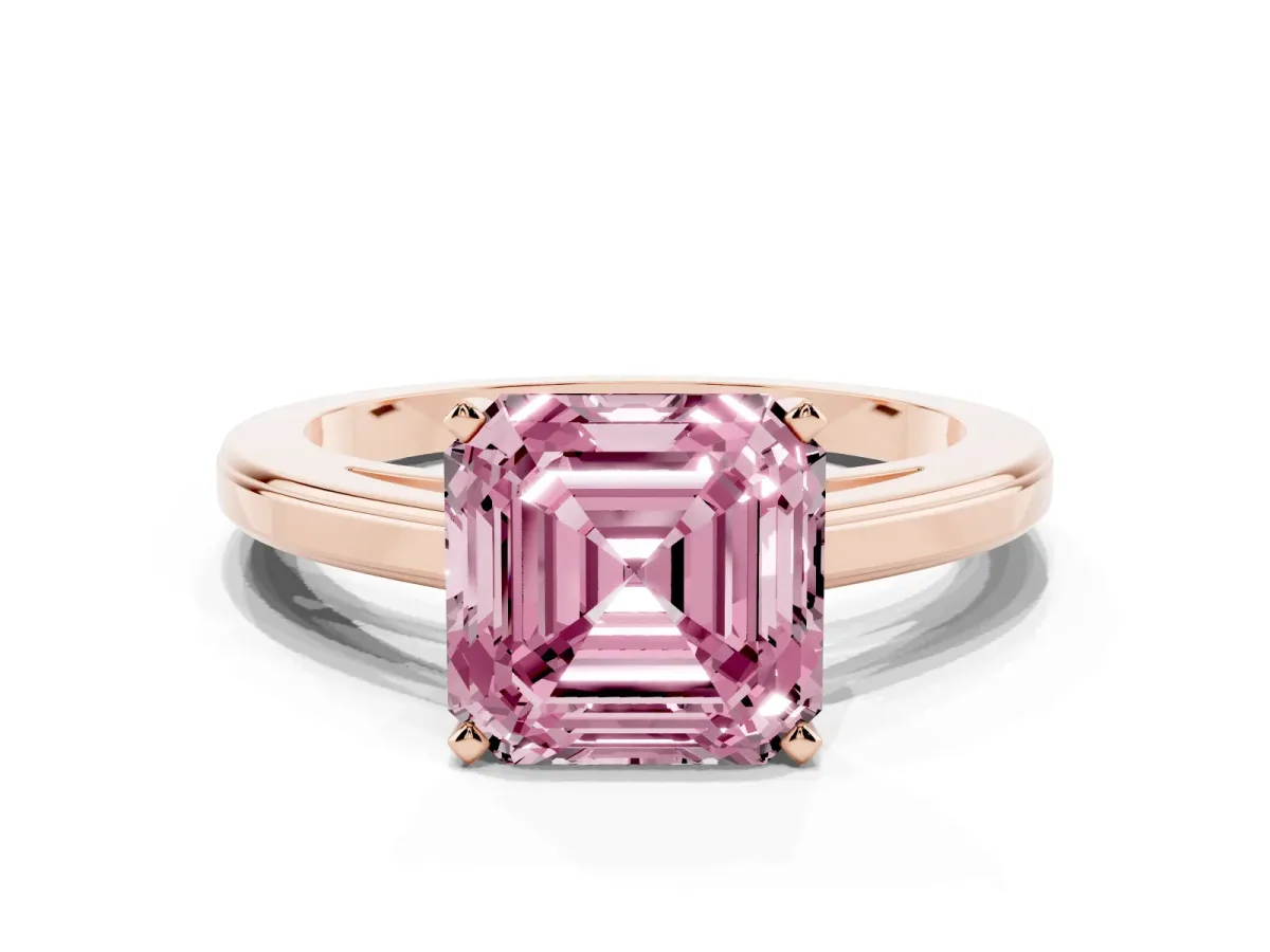 Fancy Pink Asscher Cut Solitaire Diamond Ring with Four-Prong Setting and Classic Band Rose gold